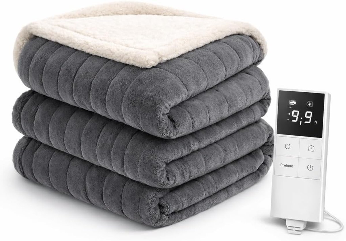 Elektrische verwarmingsdeken - Grijs - Grijs - Zachte Flanellen Stof met Geheugenfunctie - Voor Comfort en Warmte