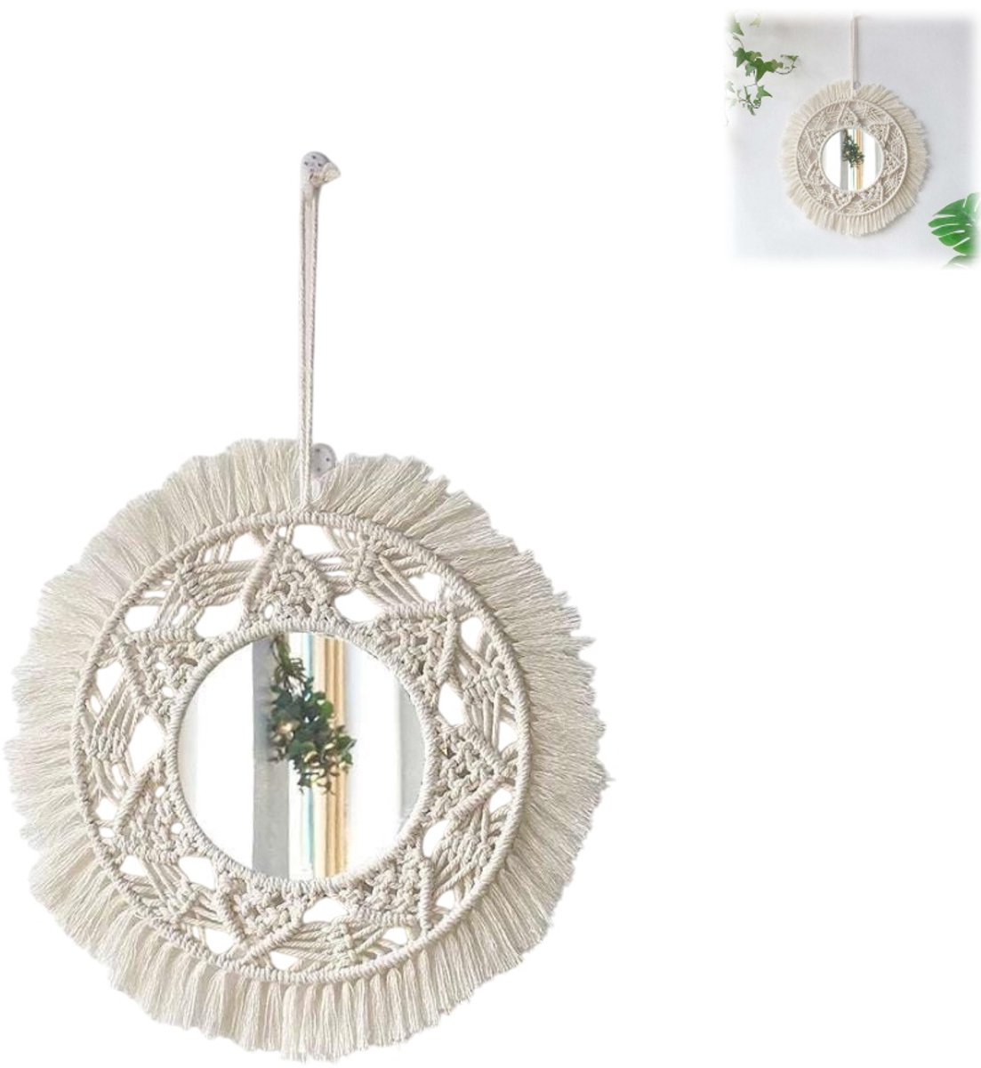 1 stuk - Wandspiegel met kwastjes - Geweven wandspiegel - Kleine ronde decoratieve spiegel - Wandspiegel 35 cm x 35 cm - Bohemian vintage wandspiegel - Decoratieve katoenen spiegel - Geschikt voor slaapkamers, woonkamers, hallen en appartementen