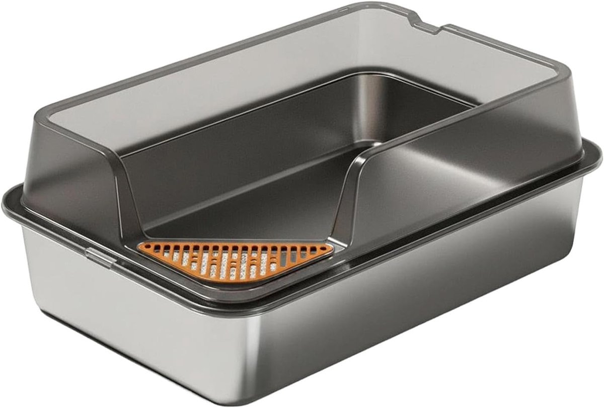 Luxe RVS Kattenbak XXL – 60x40x27 cm – Roestvrij Staal – Hoge Rand tegen Knoeien – Anti-Geur & Hygiënisch – Inclusief Comfortabele Beschermrand – Grijs