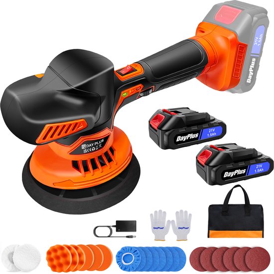 Complete set van een draadloze polijstmachine met twee 21V accu's, oplader, opbergtas, handschoenen, diverse polijstpads en schuurschijven.