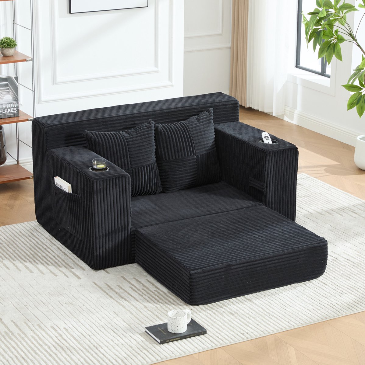 OKWISH Slaapbank 2-Zits Met Opbergvak En Bekerhouder, 2 Kussens Voor Woonkamer En Leeshoek, Corduroy, Zwart