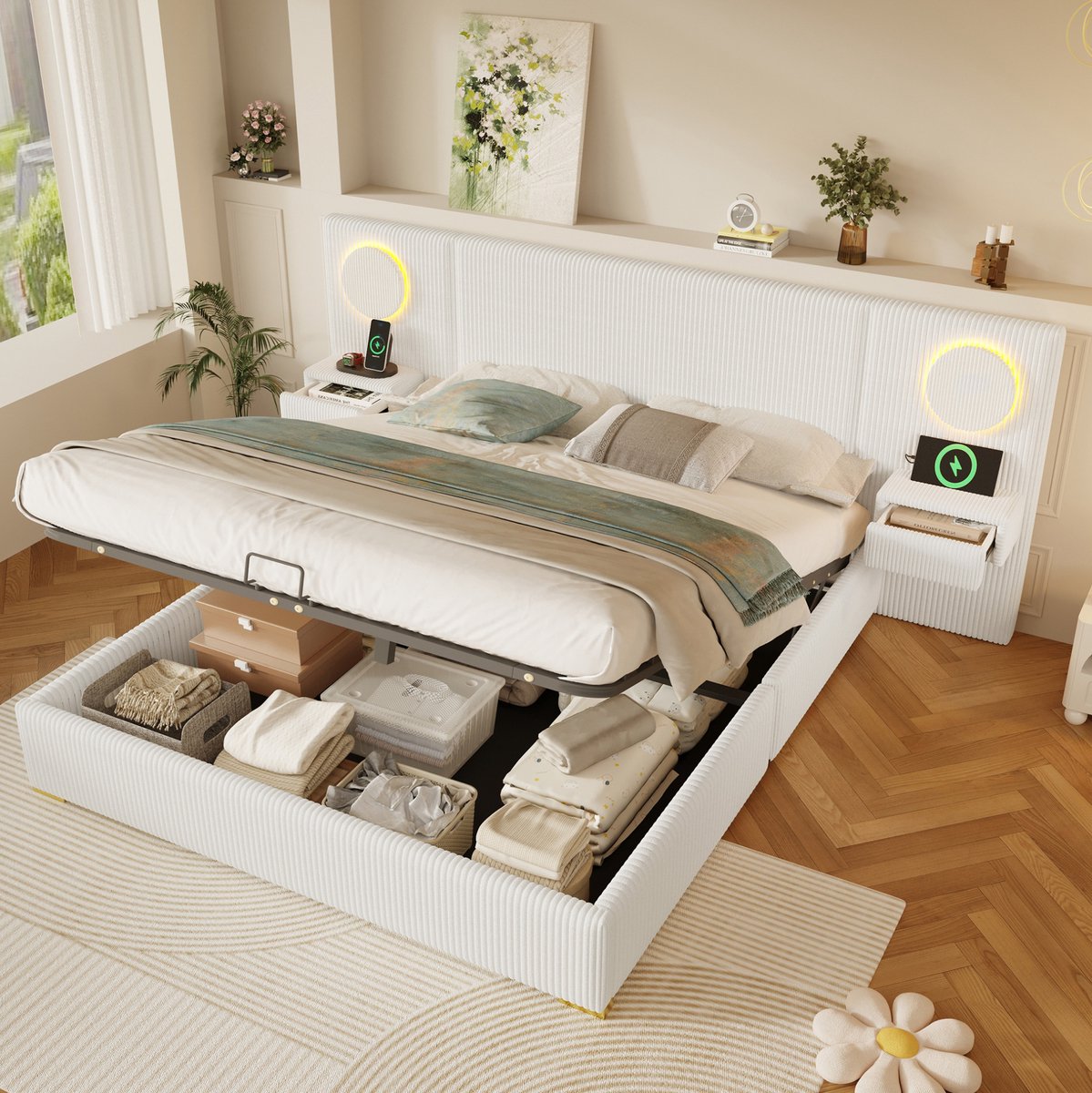 FloraGrace Gestoffeerd Bed 180x200 cm - Led Kopteil Met Usb Aansluitingen En Hydraulische Opbergruimte - Tweepersoons - Beige - Zonder Matras