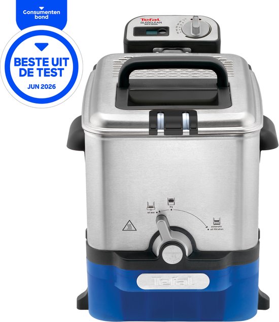 Zilverkleurige Tefal friteuse met blauwe basis en een cirkelvormige blauwe "Beste uit de test" sticker.