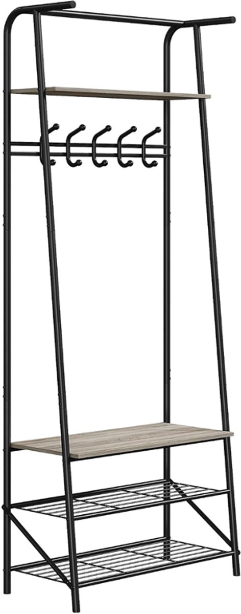 Kapstok met schoenenbank – 5 haken, enkele rij – Multifunctioneel halmeubel – Hout- en metaalstijl – Voor hal, gang, slaapkamer – Enkele haak 60 cm, grijs