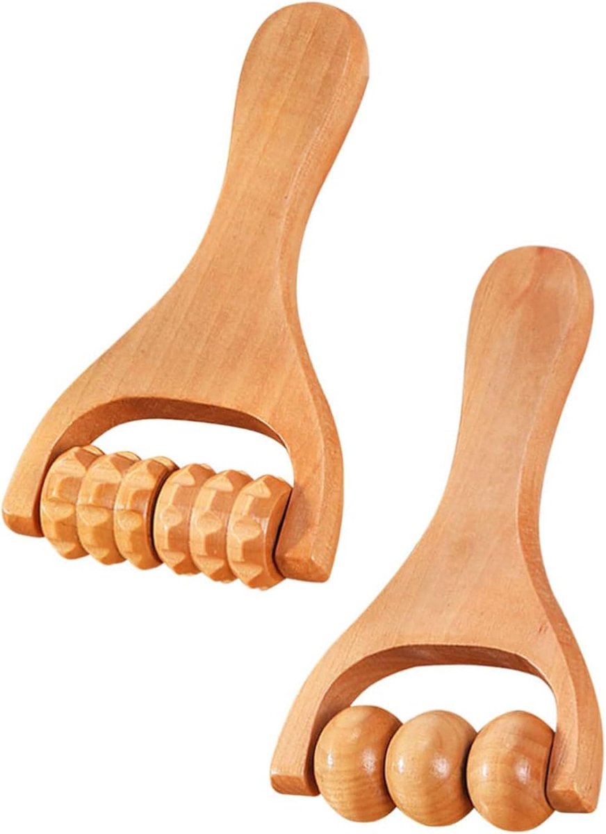 2 Houten Massagerollers - Triggerpoint Rollers voor Lichaam en Gezicht - Met Handvat voor Been-, Nek- en Cellulitemassage - Geschikt voor Gua Sha en Spierontspanning