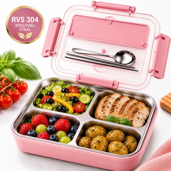 Roze roestvrijstalen lunchbox met vier vakken, gevuld met salade, kip, aardappelen en fruit. Inclusief bestekset.