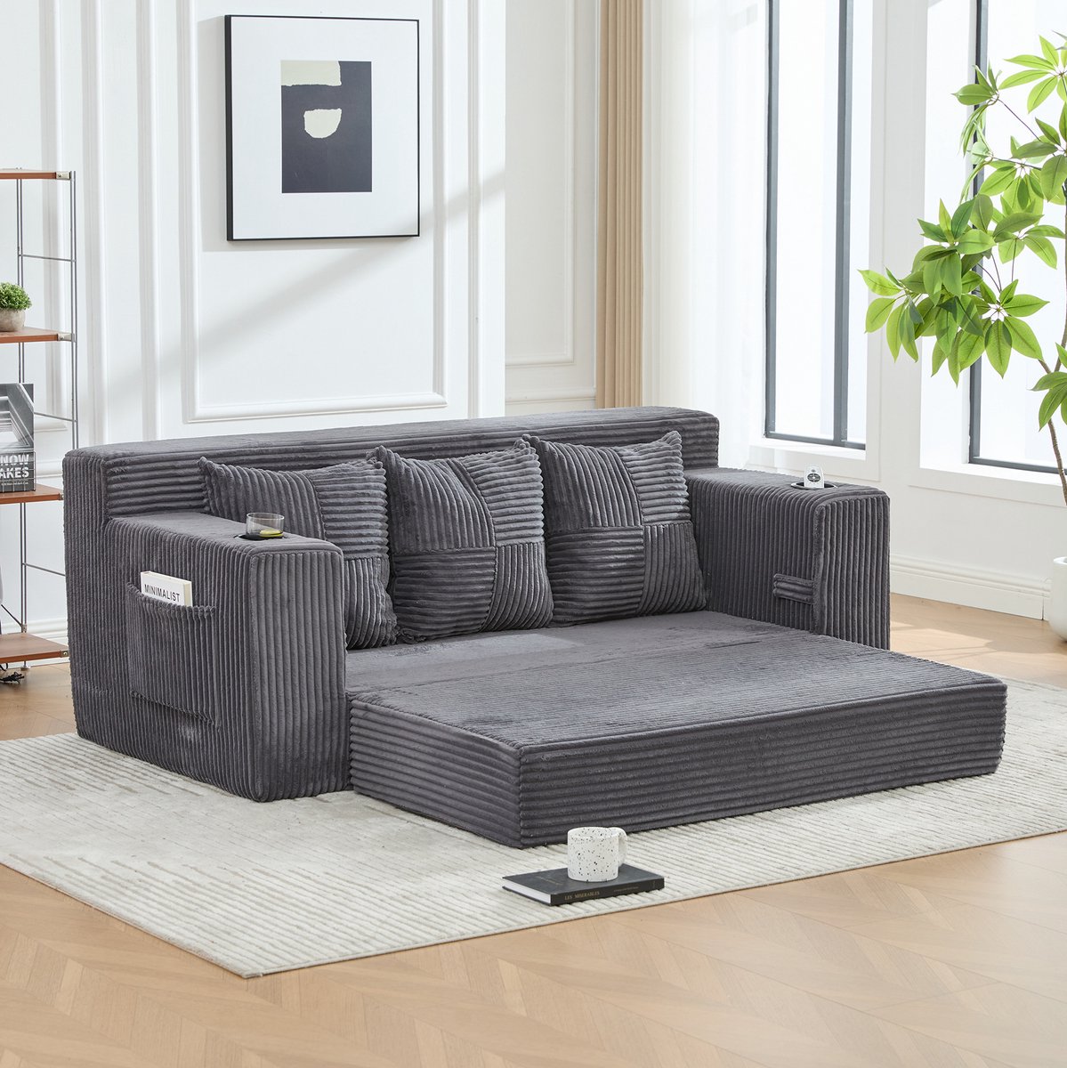 OKWISH Slaapbank - 3-Zits Modulair - Met Bekerhouders, Zijvakken & Ligfunctie - Voor Woonkamer, Studio & Logeerkamer - Corduroy - Grijs
