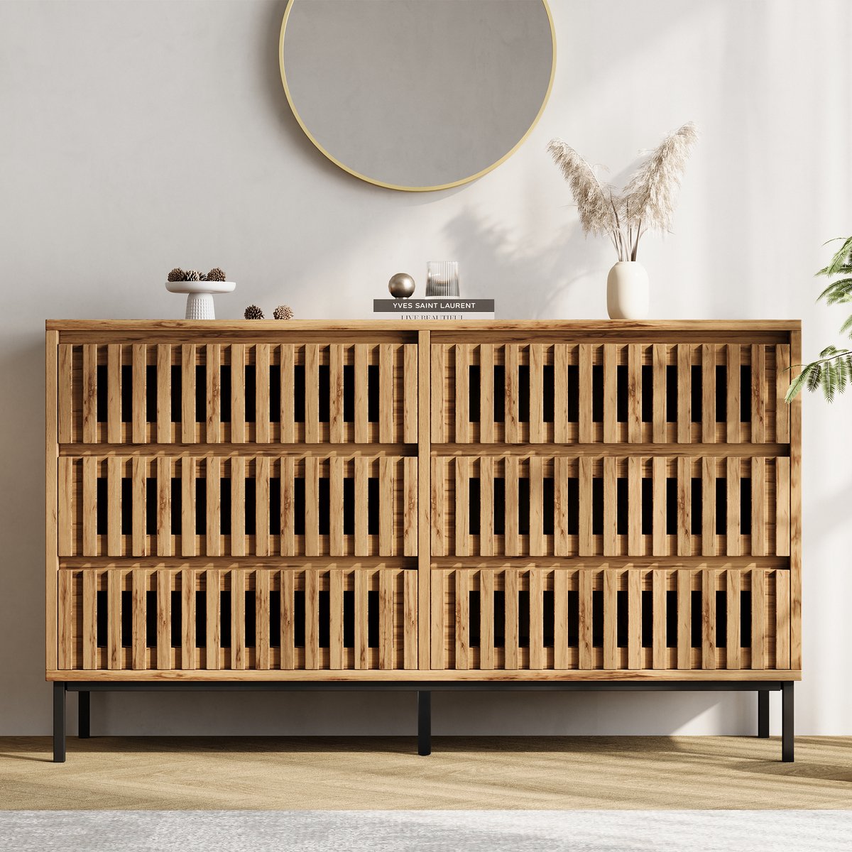 Pugsdrly Moderne dressoir, ladekast met 6 lades, opbergkast, smalle ladekast, buffet met 5 steunpoten, kast voor de woonkamer, slaapkamer, hal, eetkamer, keuken, houtkleur, 120x40x81 cm
