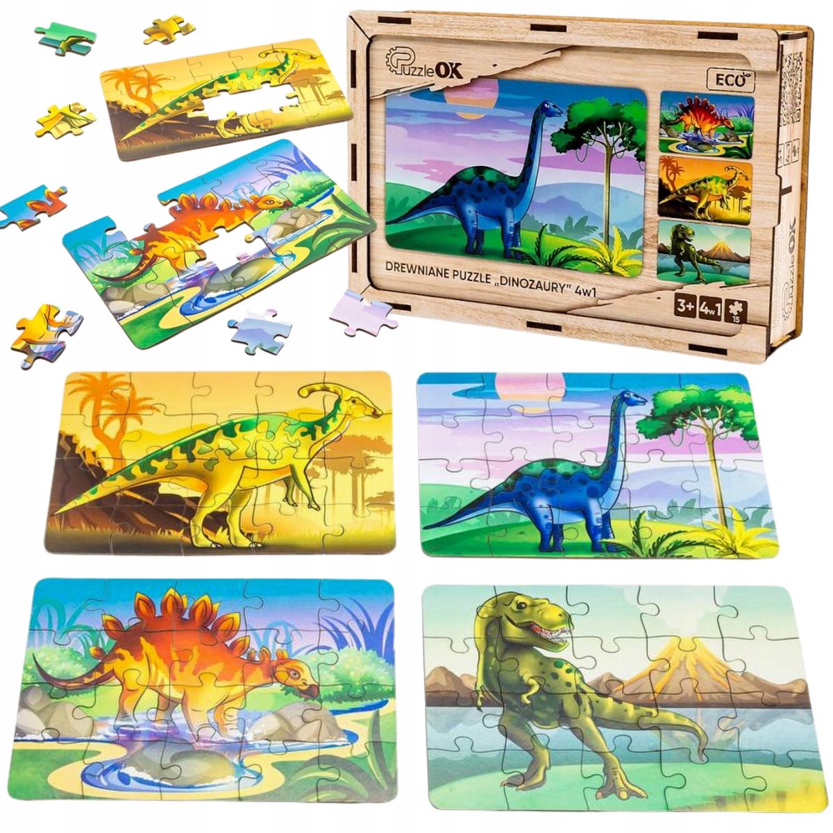 Houten Dino Puzzels 4-in-1 Set - Educatief Speelgoed voor Kinderen