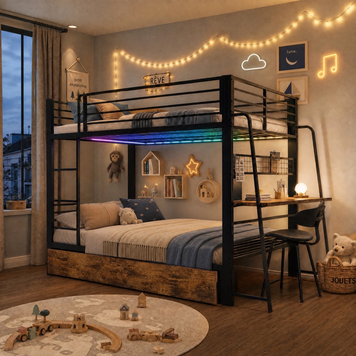 Hoogslaper - 140 x 200 cm - 2-persoons - met bureau - met opbergruimte - met LED-verlichting - met USB en stopcontact - Zwart