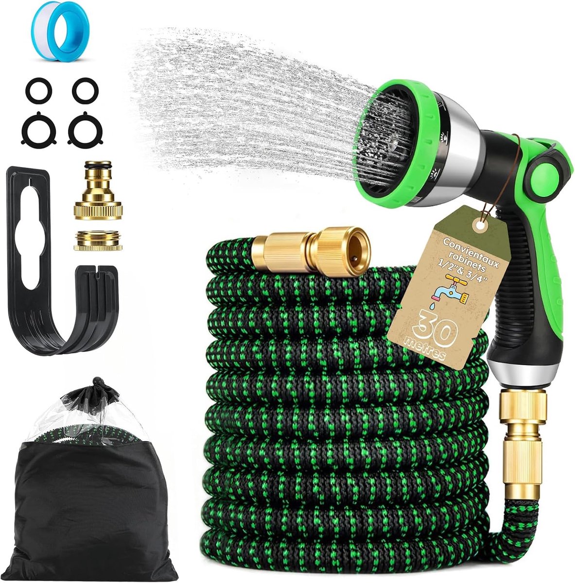 Garden Hose, Stretchy Garden Hose, Flexible Water Hose, 10 Function Nozzle, 3/4 Inch and 1/2 Inch Brass Connections - ShopVlot