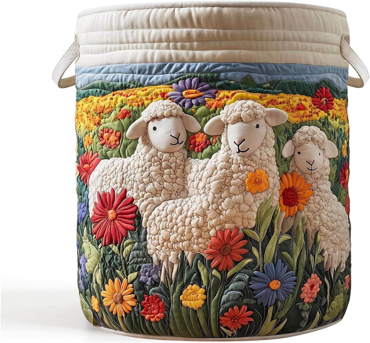 Wasmand, gewatteerd, boho-wasmand met handgrepen, wasmand, opbergmand met bloemenpatroon, voor kinderkamer - ShopVlot