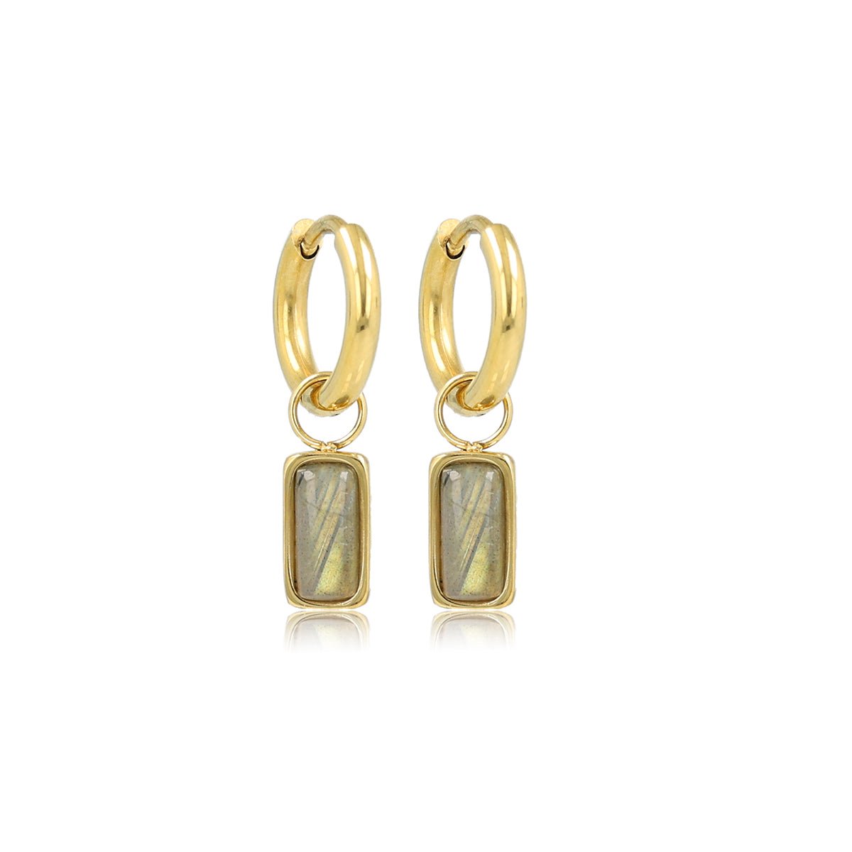 My Bendel - Goudkleurige Oorring met Rechthoekige Hanger van Labradorite - met Luxe Cadeauverpakking | Sieraden Voor Dames