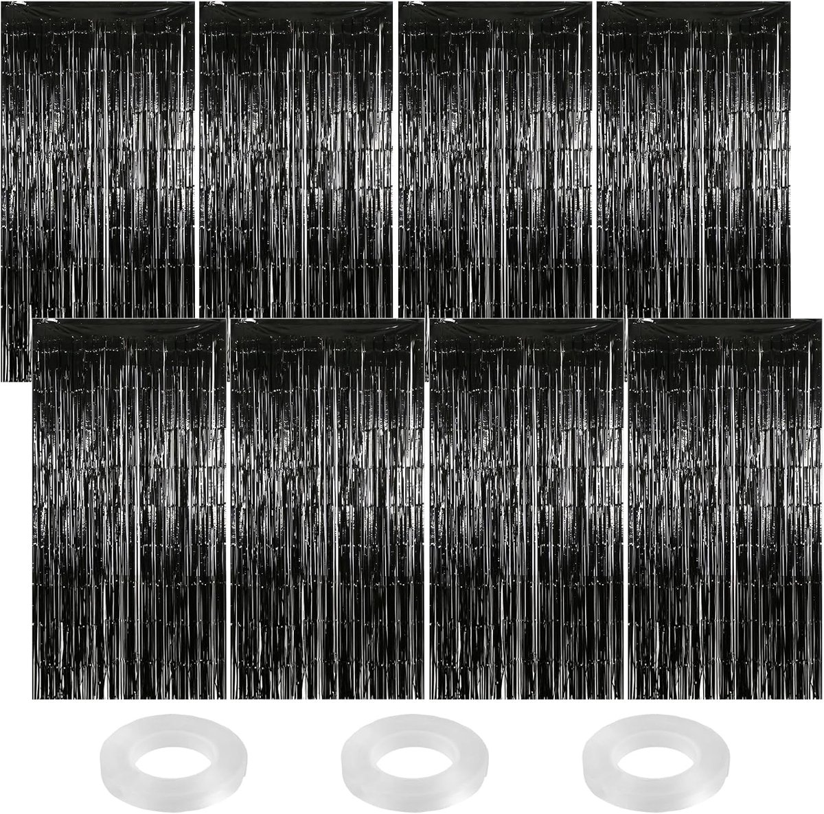 Pack of 8 Lametta Curtain Black Glitter Curtain Tinter Curtain 1m x 2m Foil Fringe Background with Adhesive Tape for - ShopVlot