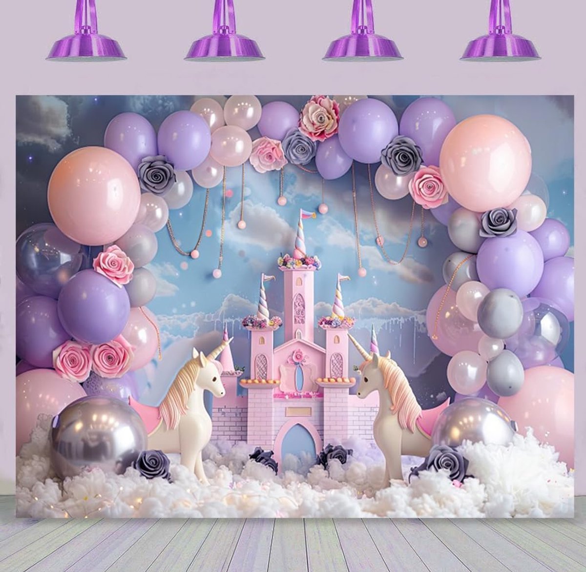 Roze kasteel fotoachtergrond 2,2 x 1,5 m, regenboog paard ballon bloem prinses thema fotografie achtergrond voor - ShopVlot