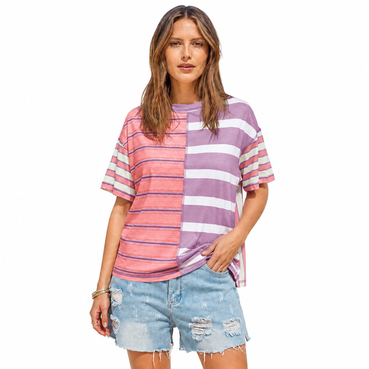 Imily Bela Dames Oversized Gestreept T-shirt met Asymmetrische Zoom