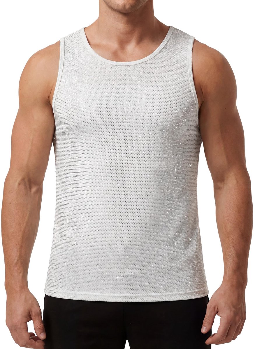 AIEOE Glitter-tanktop voor heren, glanzend netshirt, mouwloos bovendeel, ronde hals, sexy clubwear, feestoutfit voor - ShopVlot