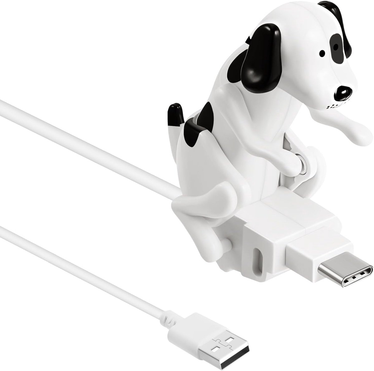 USB-A Oplaadkabel met Bewegend Speelgoedhondje- USB Type-C- Wit met Stippen- Grappige Telefoonkabel- Voor Opladen en Datasynchronisatie- Uniek Cadeau