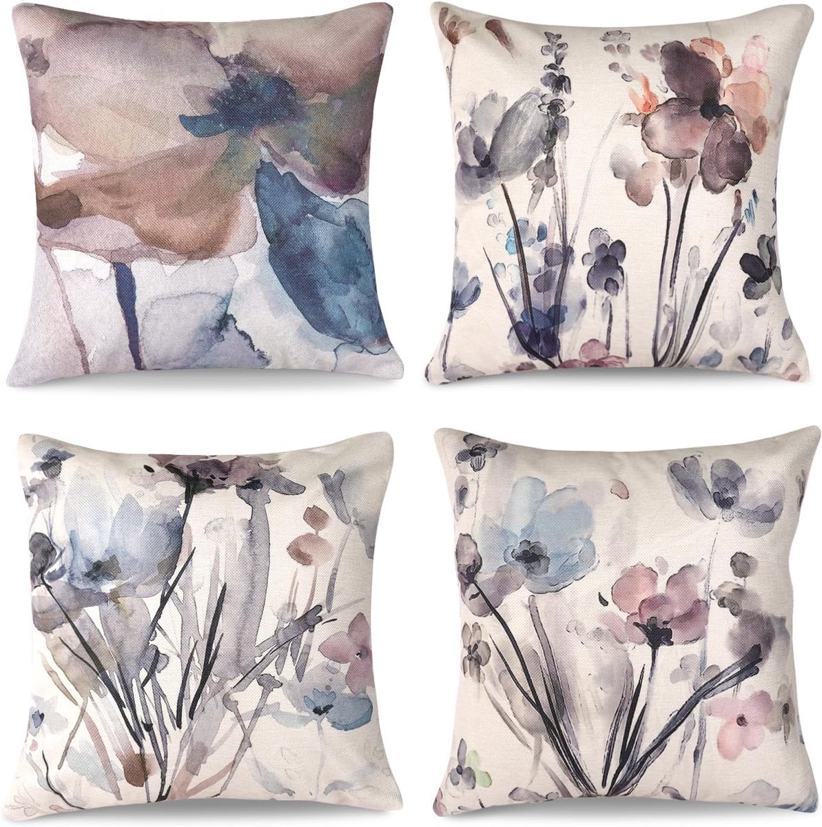 Kussenhoezen 40x40cm - Linnen Set van 4 - Moderne Abstracte Bloemen - Voor Woonkamer en Slaapkamer - ShopVlot