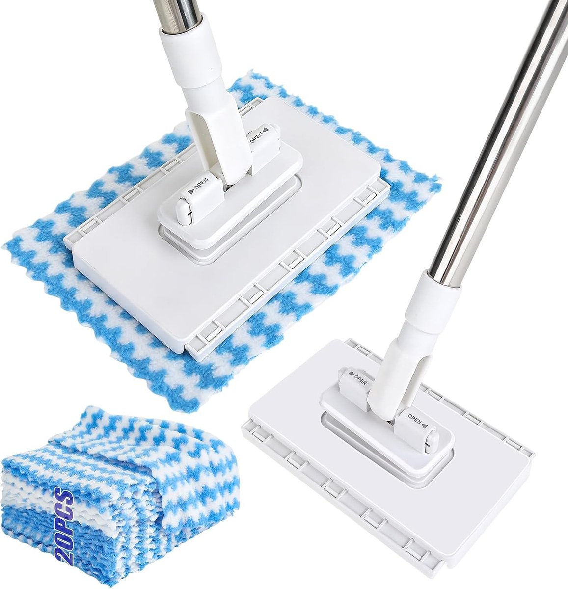 Dweilmop met Drukklemsysteem - Compact - 16 x 8,5 cm - Met 20 Herbruikbare Microvezeldoeken - Voor Badkamer en Keuken