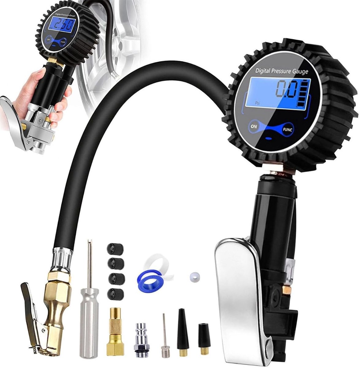 Bandenpomp met Manometer - Zwart - N.v.t. - Digitale Bandenspanningsmeter - Voor Auto, Fiets, Vrachtwagen, Motorfiets