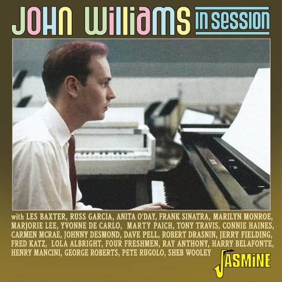 John Williams in sessie, een portret van een man met rood haar die piano speelt. De titel "JOHN Williams in session" staat bovenaan.