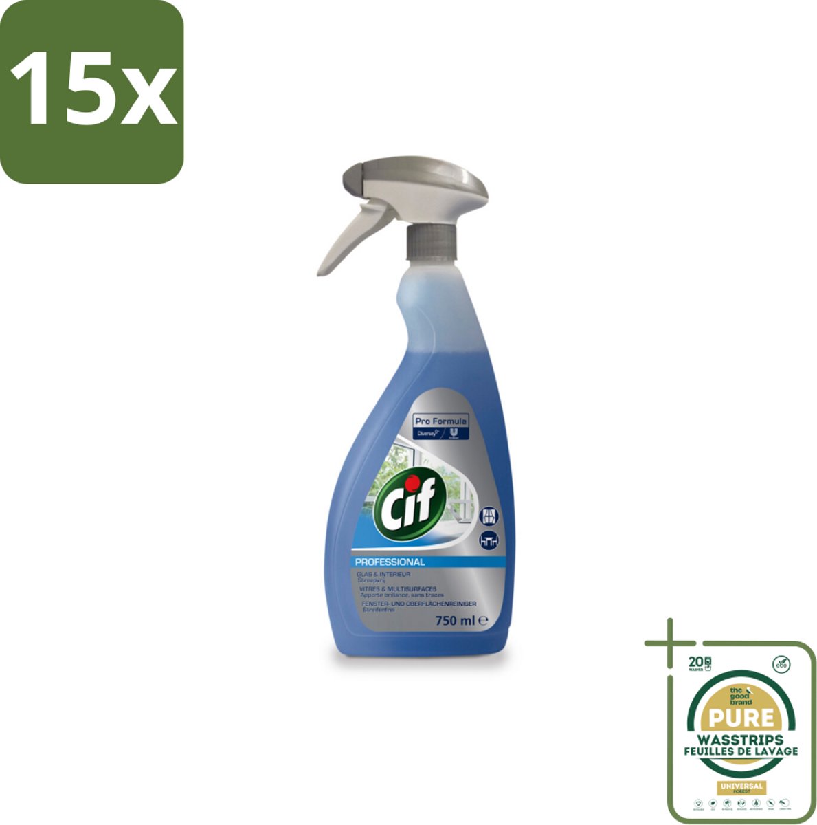 15 x Cif Glas- en Ruitenreiniger - Spray - Streeploze Glans - Voor Ramen en Spiegels - 750 ml - Grootverpakking - Glas Reiniger - Ruiten Reiniger - Spiegels Reiniger - Streeploze Glans - Ramen Reiniger