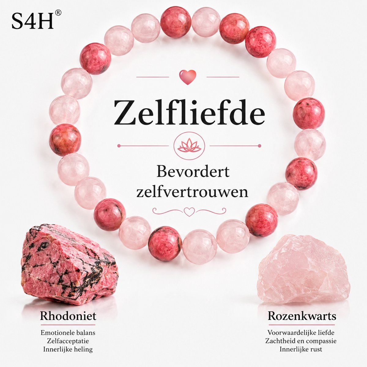 S4H Zelfliefde Edelsteen Armband – Rozenkwarts & Rhodoniet – 8 mm Kralen – Natuursteen Armband – Dames – Roze