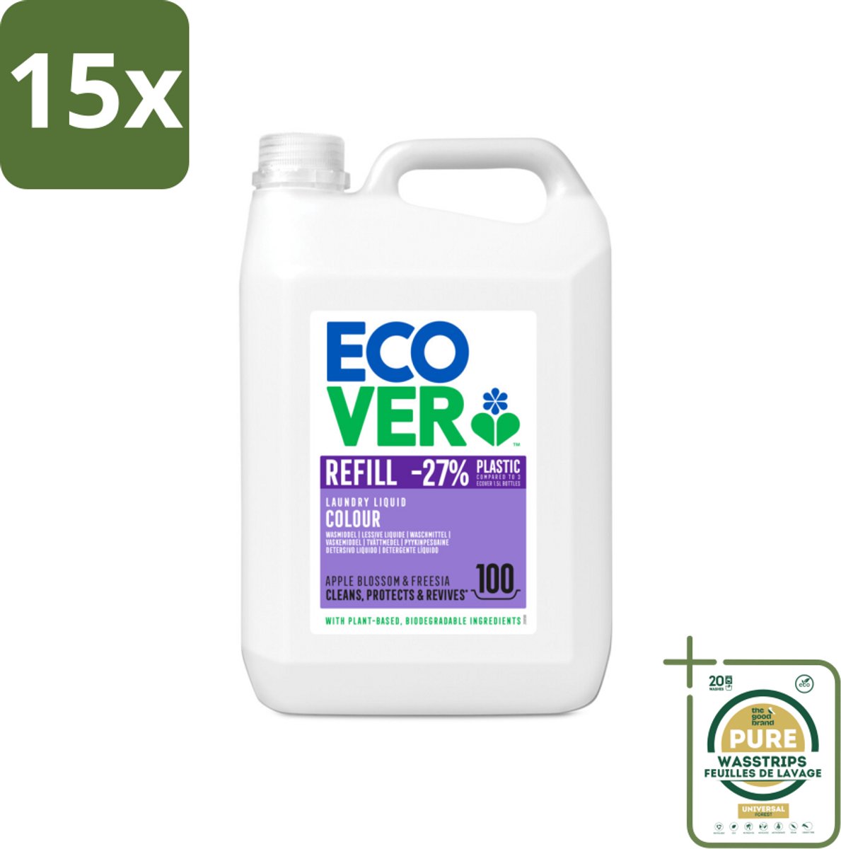 15 x Ecover - Vloeibaar wasmiddel - Color - Appelbloesem & Freesia - 5 liter - 100 wasbeurten - Grootverpakking - Ecover Vloeibaar Wasmiddel Color - Gekleurde Was - Vlekverwijdering - Kleurbeschermd - Plantaardig Wasmiddel