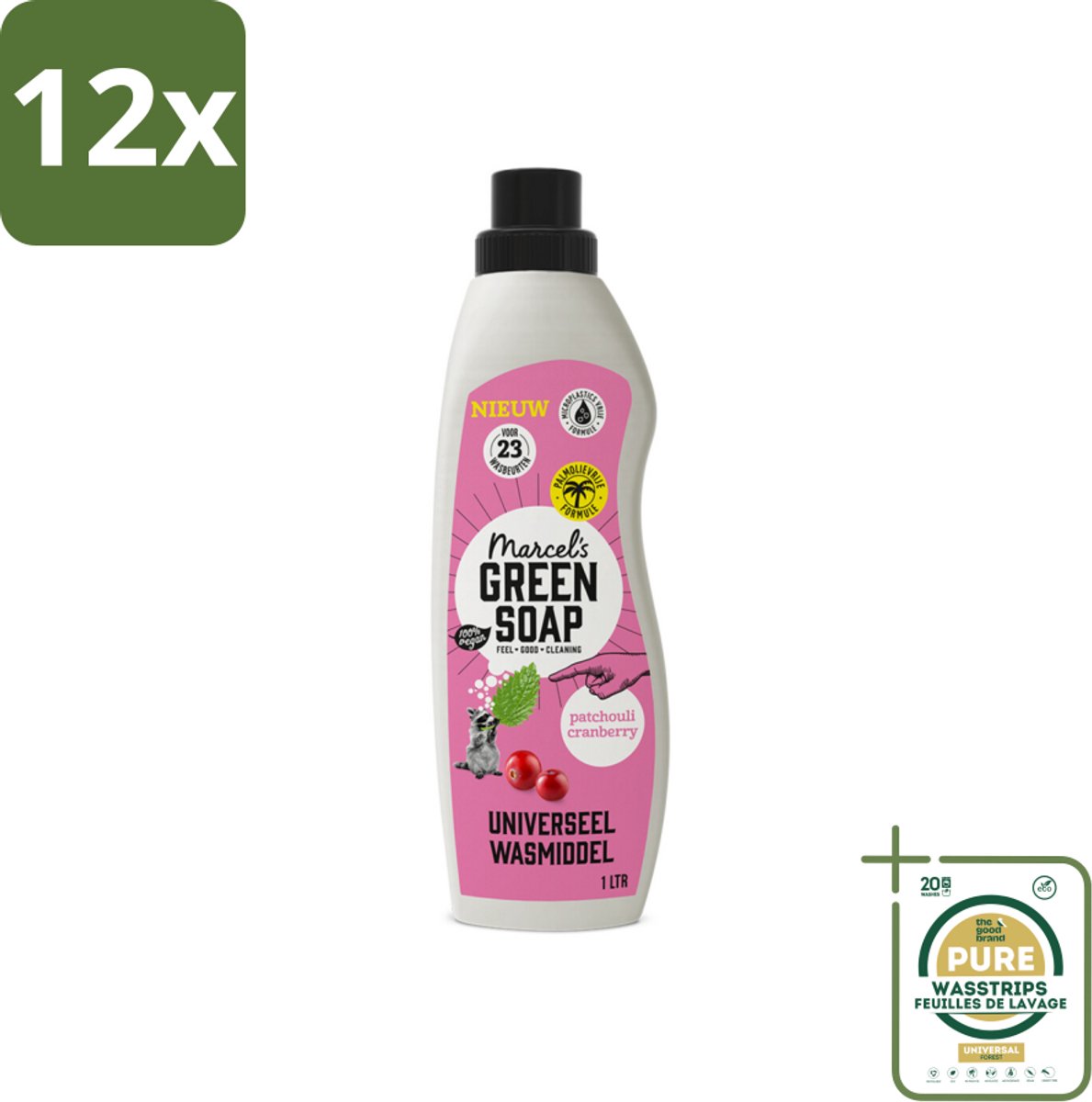 Marcel's Green Soap - Vloeibaar Wasmiddel - Patchouli & Cranberry - Effectief & natuurlijk - 23 Wasbeurten - 1 liter - Voordeelverpakking - 12 stuks - Milieuvriendelijk wasmiddel - Natuurlijke zeep