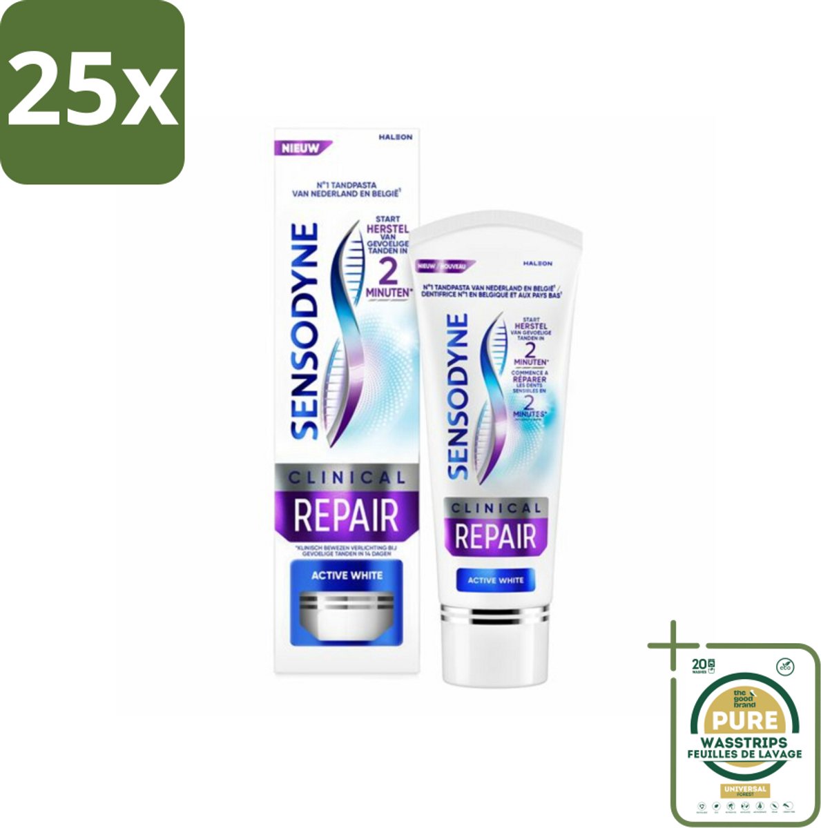 25 x Sensodyne - Tandpasta - Clinical Repair - Active White - Tandglazuur Herstellen - 75 ml - Grootverpakking - Gevoelige Tanden - Tandpasta - Whitening - Tandglazuur Herstellen - Novamin