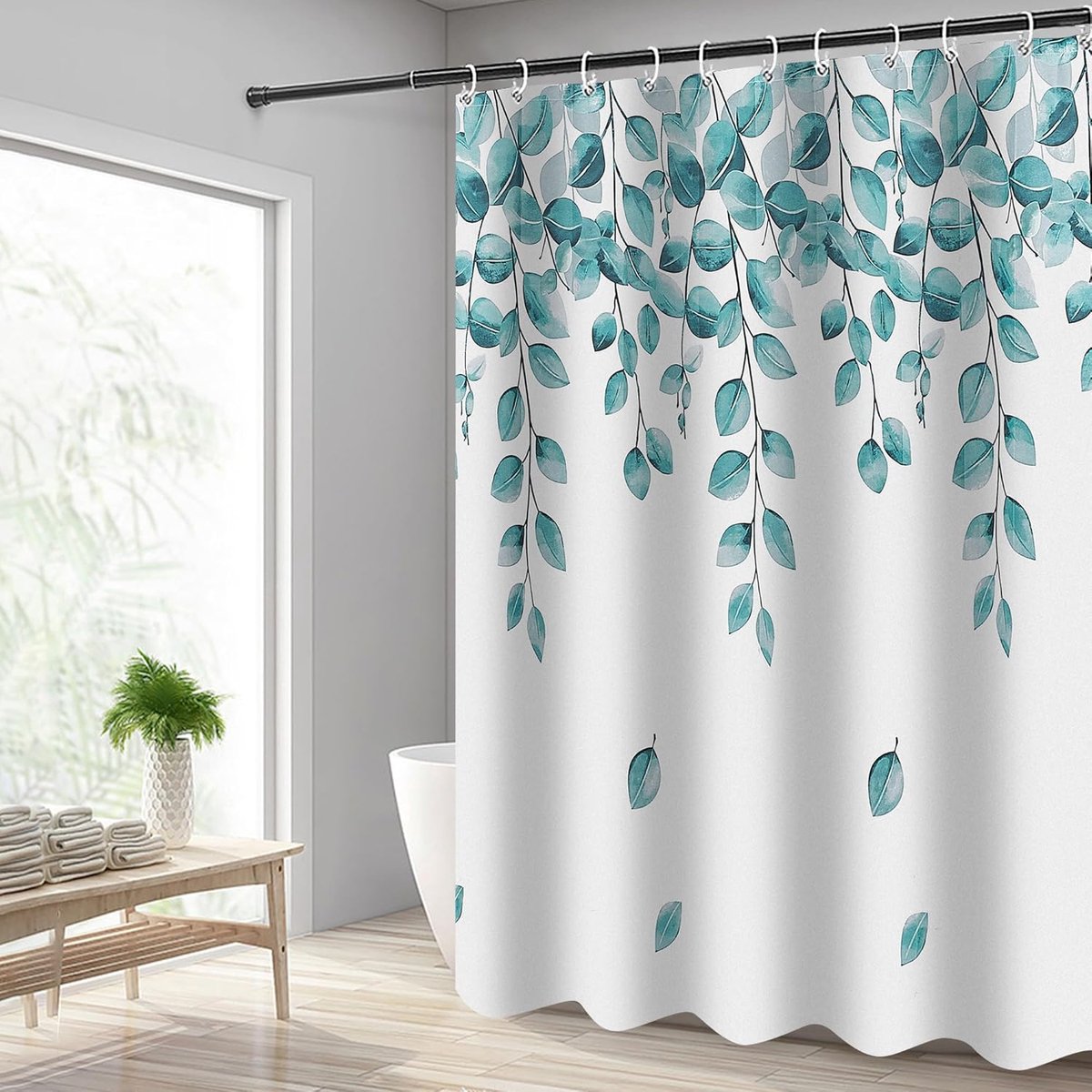 Douchegordijn 240 x 200 cm - groene bladeren - waterdicht polyester - wasbaar en met haken - ShopVlot