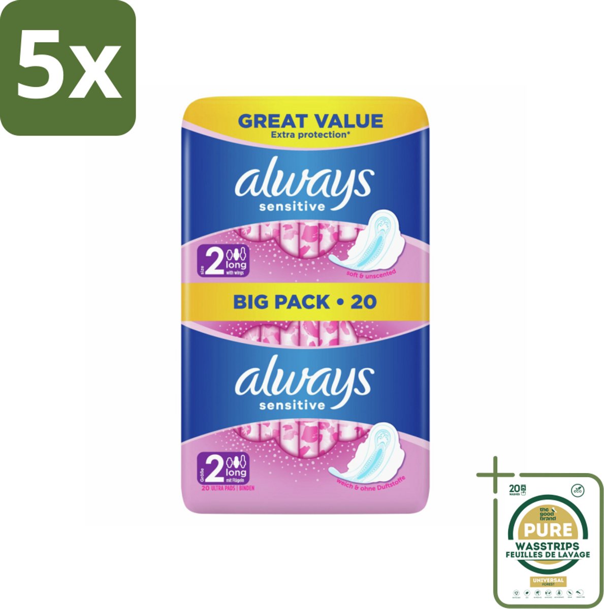 5 x Always - Maandverband - Long - Sensitive - 20 Maandverband - Grootverpakking - Maandverband - Menstruatie - Gevoelige Huid - Zachte Maandverband - Superabsorberend