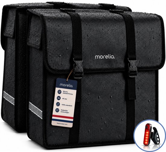 Zwarte Morelia dubbele fietstas, 48 liter, 100% waterdicht met reflecterende strepen en een achterlicht.