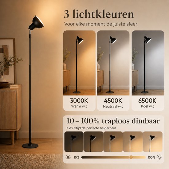 Rosnek 2-in-1 Tafellamp en Vloerlamp - Dimbaar - Staande Leeslamp - Dimbare Bureaulamp en Sfeerlamp - In Hoogte Verstelbaar - Woonkamer, Slaapkamer & Kantoor van Rosnek — afbeelding 3