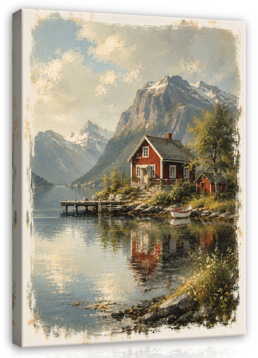 WALLARENA Schilderij op canvas - 40x30 cm - vintage berglandschap met huis en meer - wanddecoratie voor woonkamer en slaapkamer Beige