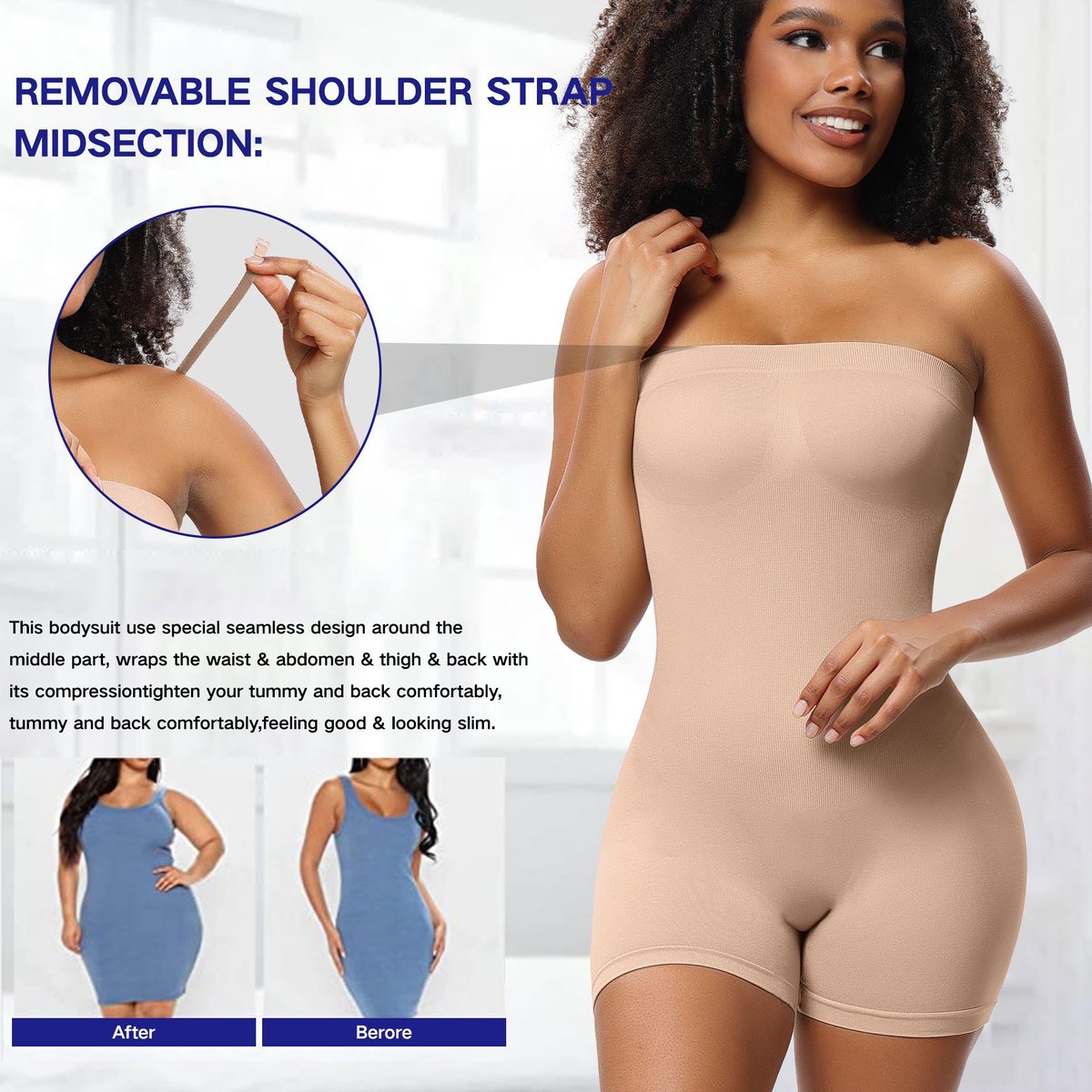 Dames volledig vormend lichaamspak - bandeau shapewear - vierkantbroek model - inclusief schouderbanden-Beige-XL