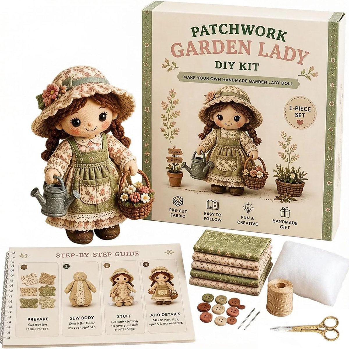 Patchwork DIY Poppenset - DIY Vilt Knutselset - 3D Schattige Pop van Vilt - 3D Vilt Naaipakket - Creatieve Handwerkset - Cadeau voor Volwassen Beginners, Poppen- en Knutselliefhebbers - Tuinmeisje