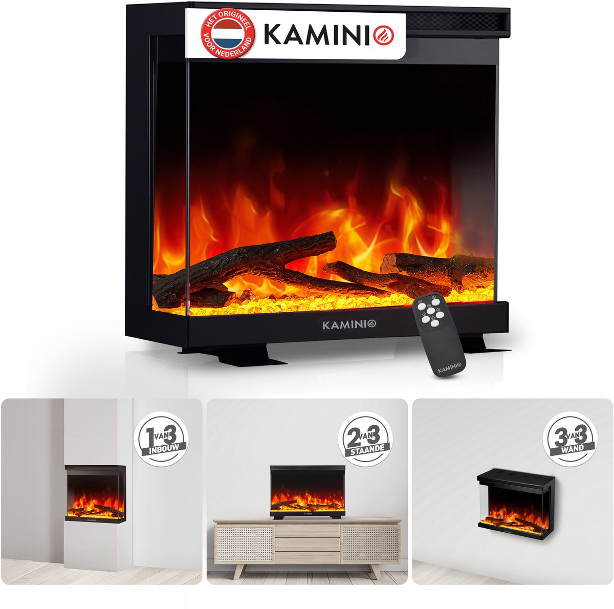 KAMINIO® Lea PRO 24 Elektrokamin met Heizung [vrijstaand, inbouw & wandmontage] - 3-in-1 elektrische haard met panoramisch zicht, LED-vlameffect in 12 kleuren, timer, thermostaat, afstandsbediening, accessoires, zwart