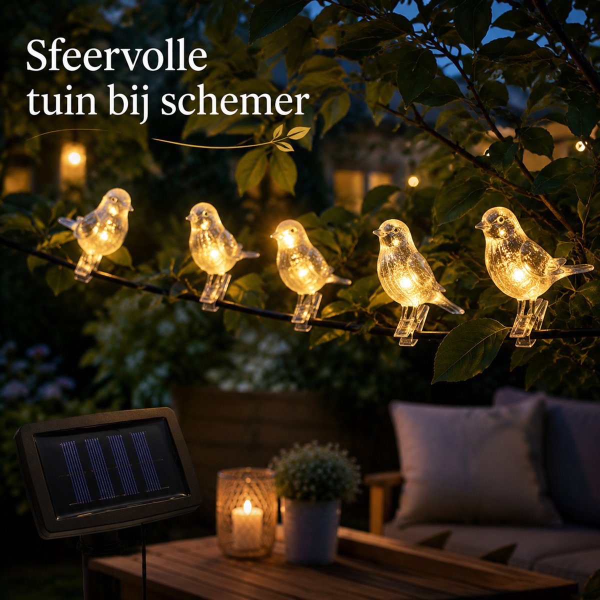 Namajunas – Op zonne-energie werkende buitenverlichting – Buitenverlichting, 5 vogelvormige lampjes op zonne-energie, warm wit LED-licht, waterdichte tuinverlichting, creëert sfeer in tuinen, terrassen, balkons, patio's, bij feesten en bruiloften.