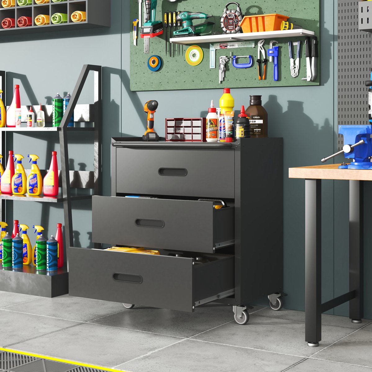 REDOM - Gereedschapskast met 3 lades - Rollbaar met vergrendelbare zwenkwielen - Metalen handgreep - Poedercoating - Werkplaats en garage - Metaal - Zwart - 75 x 42 x 88 cm