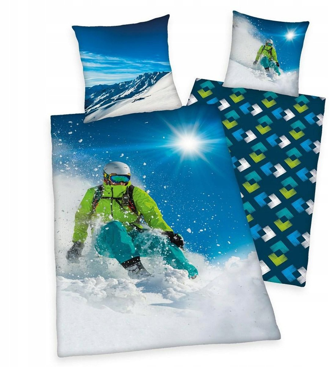 Kinderbeddengoed 140x200cm met Skiër - Blauw, Kussensloop 70x90cm