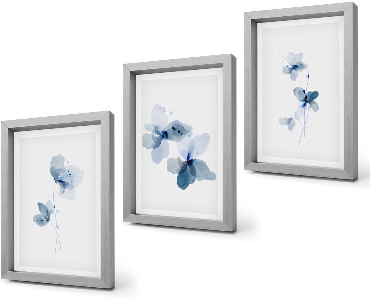 Coloray 4-Delige Schilderij Set - Bloemen in verschillende blauwtinten op een lichte achtergrond - 20 x 30 cm - Decoratieve Muurdecoratie - Slaapkamer - Woonkamer Decoratie Zilveren lijst