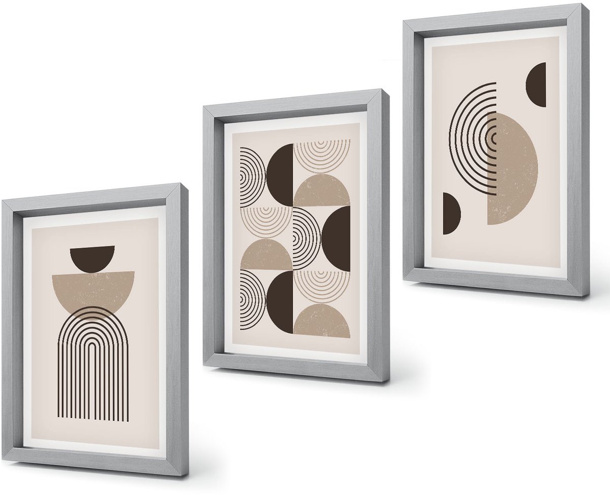Coloray 4-Delige Schilderij Set - Abstracte geometrische patronen minimalisme - 20 x 30 cm - Schilderijen Set - Wanddecoratie - Woonkamer - Decoratieve Schilderijen Zilveren lijst
