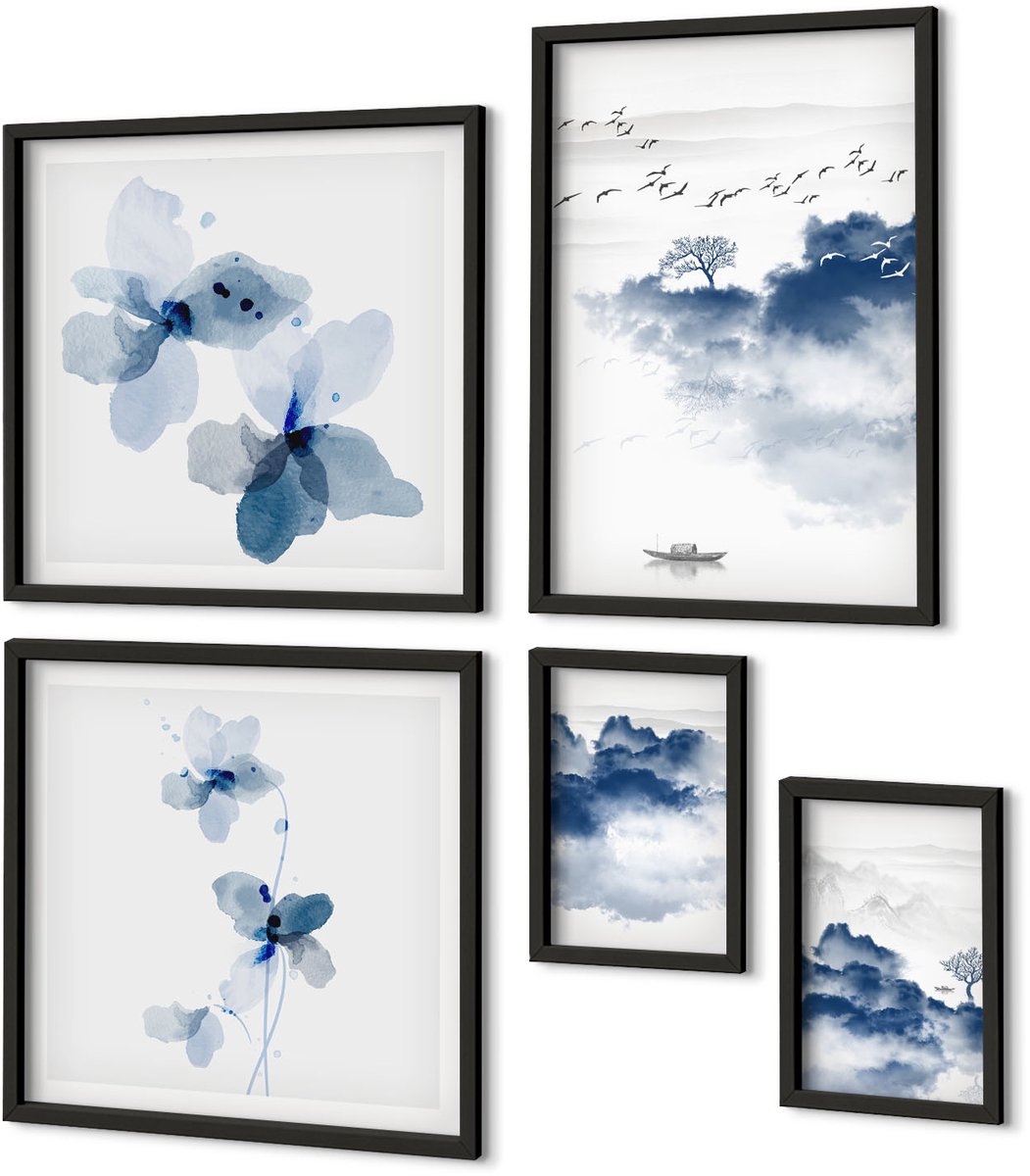 Coloray 5-Delige Schilderij Set - Landschappen Met Tere Bloemen En Kalm Water. - 50 x 50 cm, 20 x 30 cm En 40 x 60 cm - Wanddecoratie - Schilderijen Set - Kantoor - Decoratieve Schilderijen Zwarte lijst
