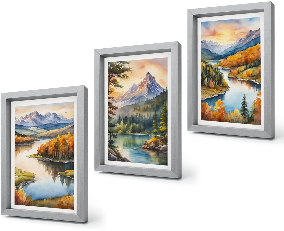 Coloray 4-Delige Schilderij Set - Berglandschappen met een rivier en kleurrijke bomen - 20 x 30 cm - Wanddecoratie - Moderne Interieurdecoratie - Interieur Decoratie Zilveren lijst