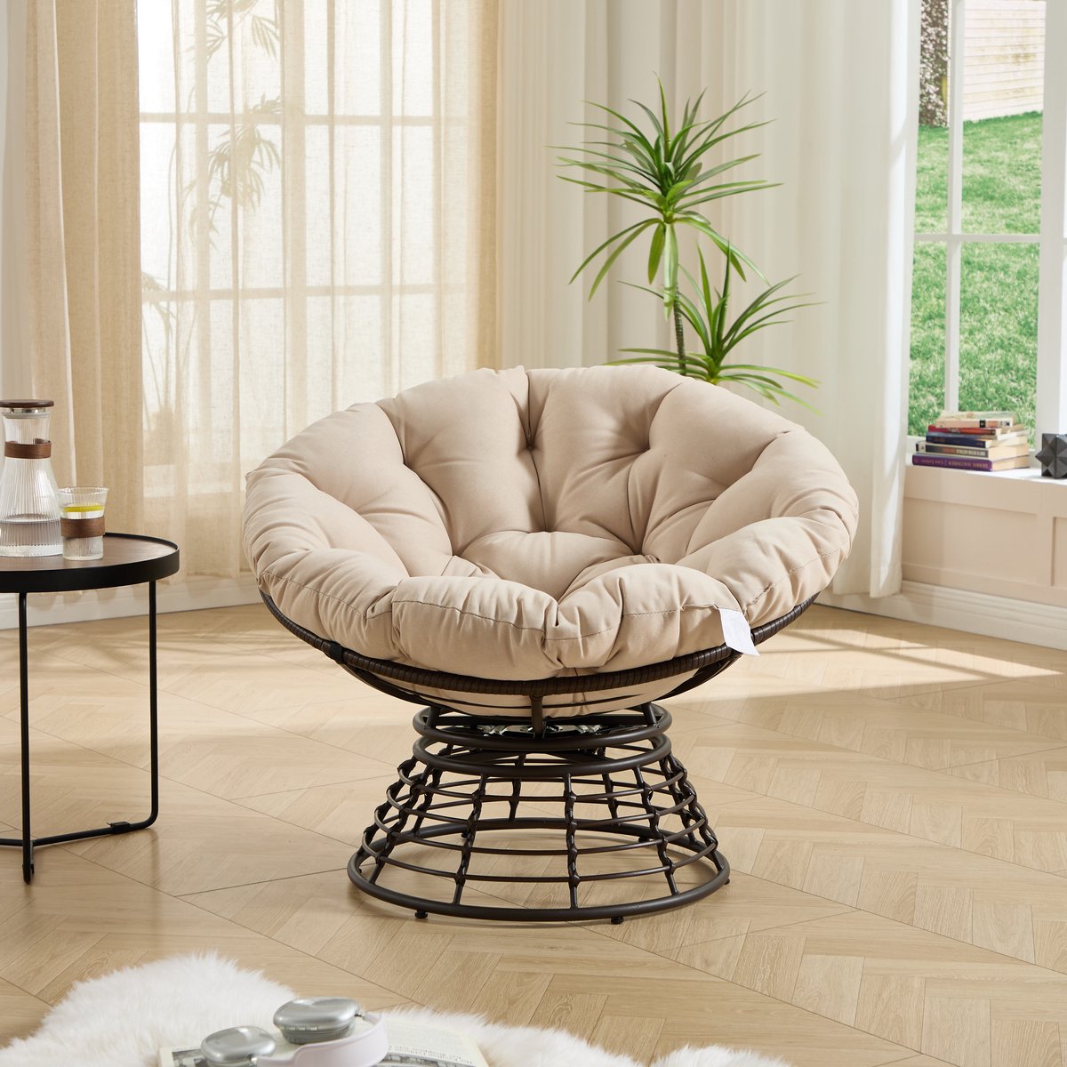 MUVANO Papasan Stoel - Comfortabele Rotan Draaistoel - Ergonomische Relaxstoel - Wicker Loungestoel - 92x67 cm - 360 Graden Draaibaar - Woonkamer Bruin Beige