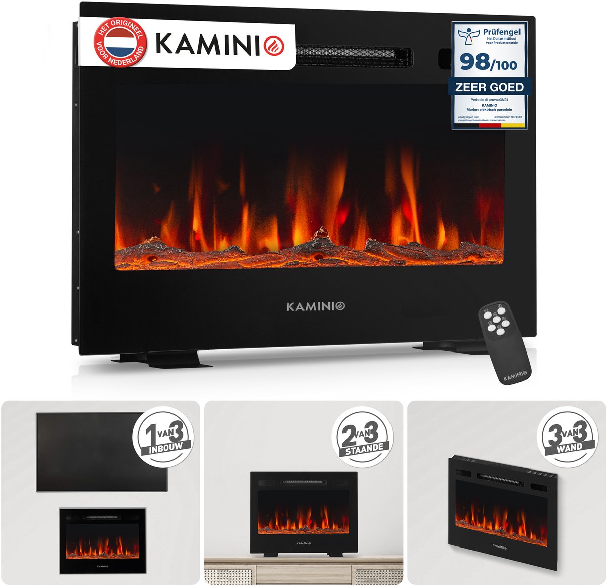 KAMINIO® MARLON PRO 24 Elektrokamin met Heizung [vrijstaand, inbouw & wandmontage] - 3-in-1 elektrische haard met LED-vlameffect in 12 kleuren, timer, thermostaat en afstandsbediening, inclusief accessoires, zwart