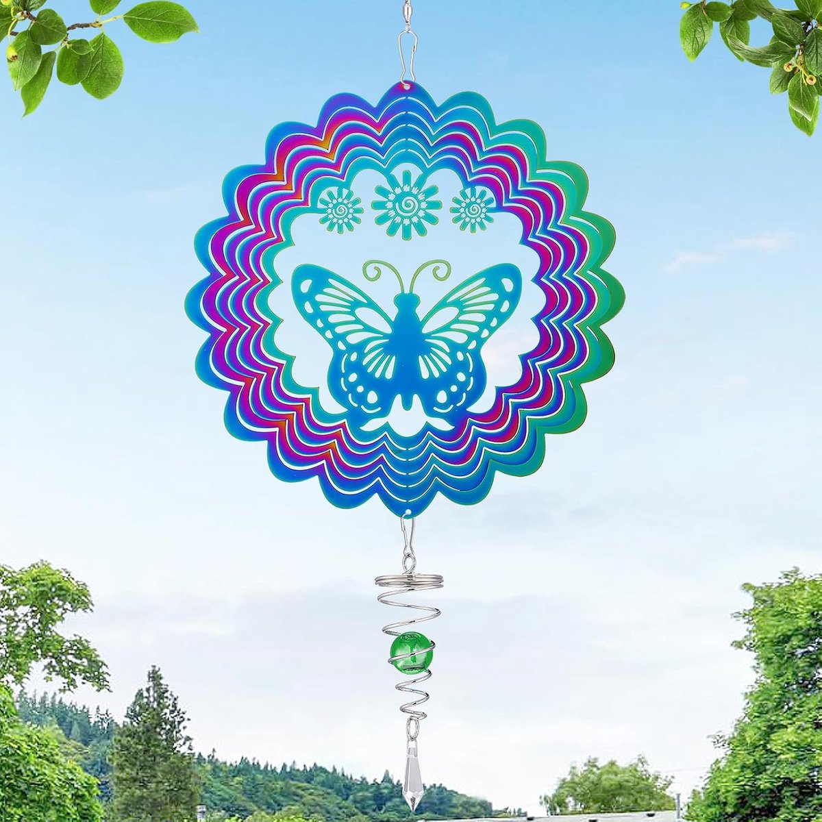 Vlinder windspinner, kleurrijk metaal 15×42 cm, tuin hangdecoratie met draaihaak en kristalbal
