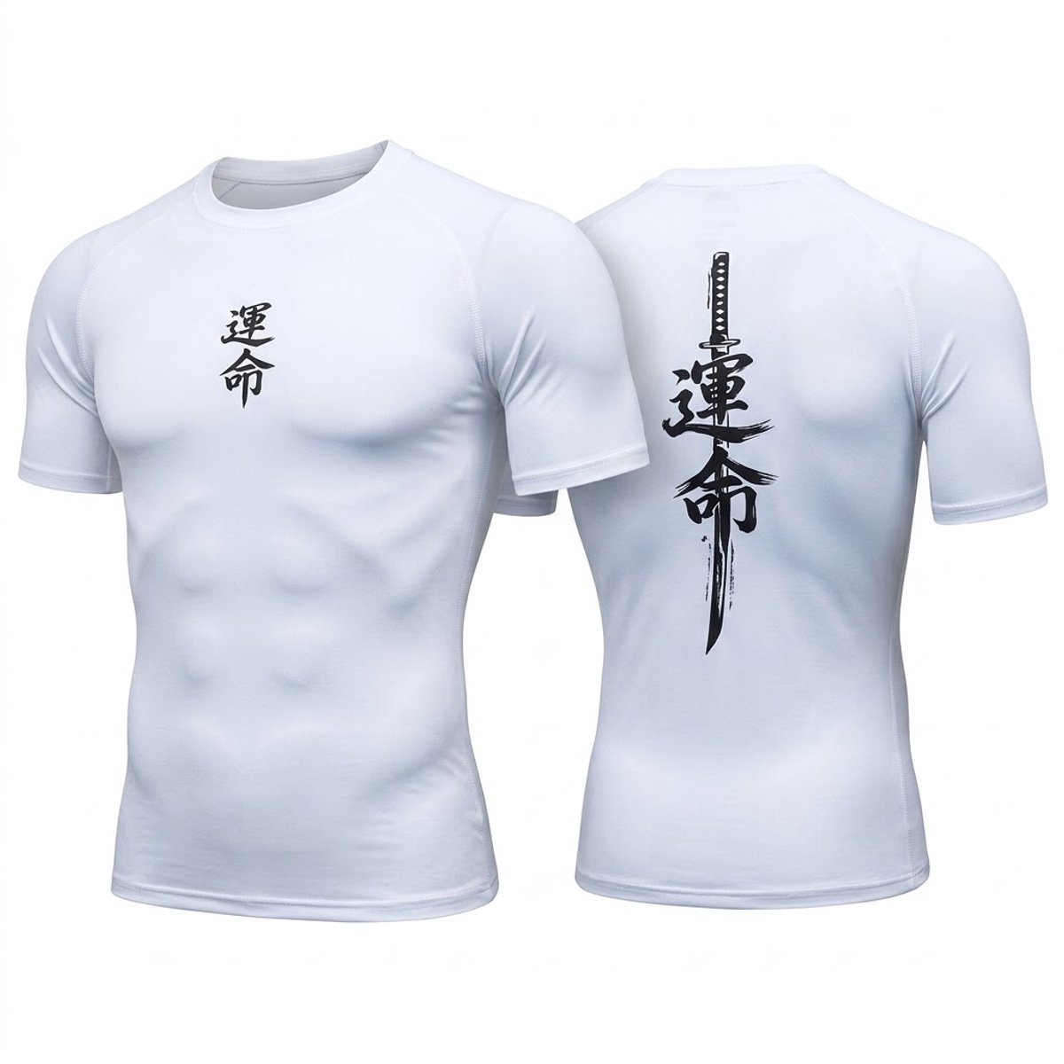 Wit compressie shirt heren dames sportshirt korte mouw vechtsport shirt fitness shirt hardloop shirt aansluitende pasvorm met zwarte rugprint en borstprint maat L